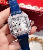 Cartier Santos 100 Diamond Replica Watch Diamond Case Blue Leather Strap